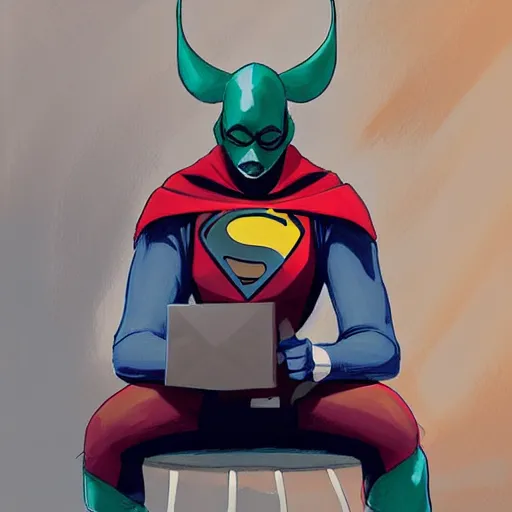 Image similar to a masked superhero wearing a costume sitting at the computer nervously clicking on the mouse in the style of peter mohrbacher