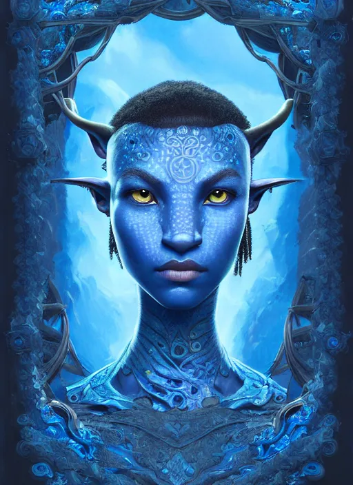 Image similar to : blue avatar, fantasy magic,, intricate, sharp focus, illustration, highly detailed, digital painting, concept art, jahbu art and paul lewin and kehinde wiley, james cameron masterpiece