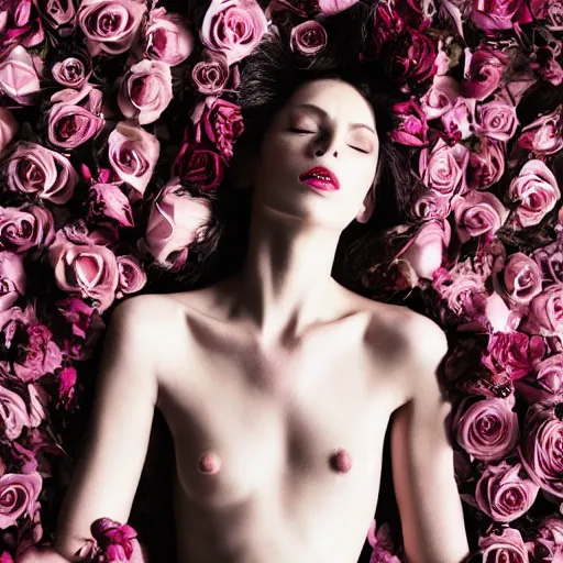 Image similar to a fashion photo of a beautiful model, a bed of roses, by ted gibson, jen atkin, tom eerebout, elizabeth saltzman, peter lindbergh, tim walker, symmetry, full face, studio lighting, dlsr,