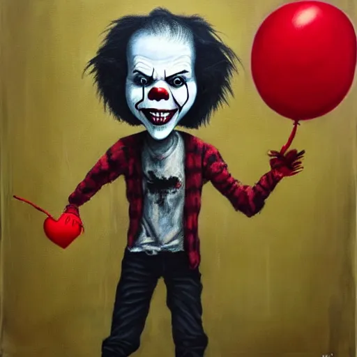 Image similar to grunge painting of david dobrik with a wide smile and a red balloon by chris leib, loony toons style, pennywise style, corpse bride style, horror theme, detailed, elegant, intricate