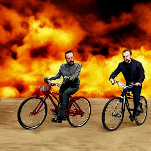 Prompt: photo of walter white and jesse pinkman riding bikes with an exploding building behind them, color, cinematic lighting, highly detailed
