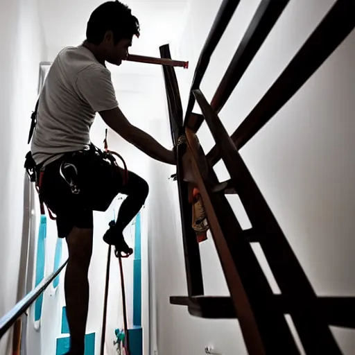 Image similar to A climbing expedition climbing the stairs of a regular apartment building. They are using ropes, pickaxes and other professional climbing gear in order to climb the stairs. Photograph, f/8, room lighting, indoor