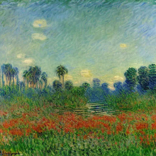 Prompt: a landscape by Monet, by Pablo Amaringo, Ayahuasca