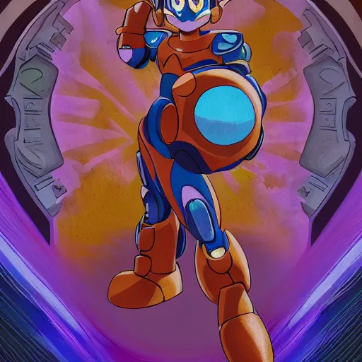 Image similar to a portrait of Megaman ,Grim fantasy, D&D, HDR, natural light, shoulder level shot, dynamic pose, award winning photograph, Mucha style 4k