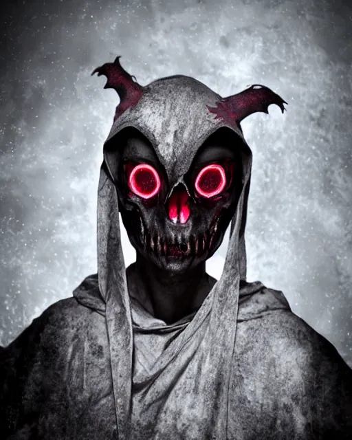 Prompt: rat - skull sisters ghost - spirit of the grim - darkly shrouded cloak with glowing red eyes peering through tattered hood, midnight fog - mist!, cinematic lighting, various refining methods, micro macro autofocus, ultra definition, award winning photo, photograph by ghostwave - gammell - giger - shadowlord