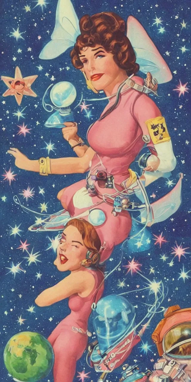 Image similar to retro space girl fairy cosmonaut