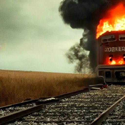 Image similar to trainwreck, boxcar on fire, atmospheric and depressed, post-apocalyptic, Cinematic, film still from a horror movie