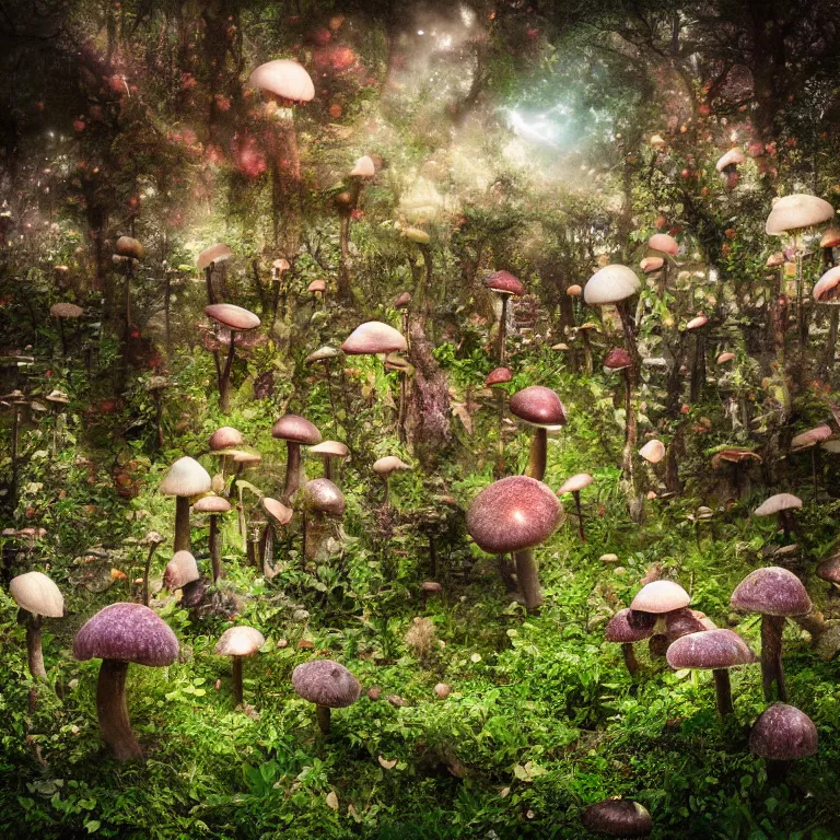 Image similar to a planet of various fungus like trees, mushrooms, flowers and plants, artistic photography, conceptual, long exposure outside the city, volumetric light