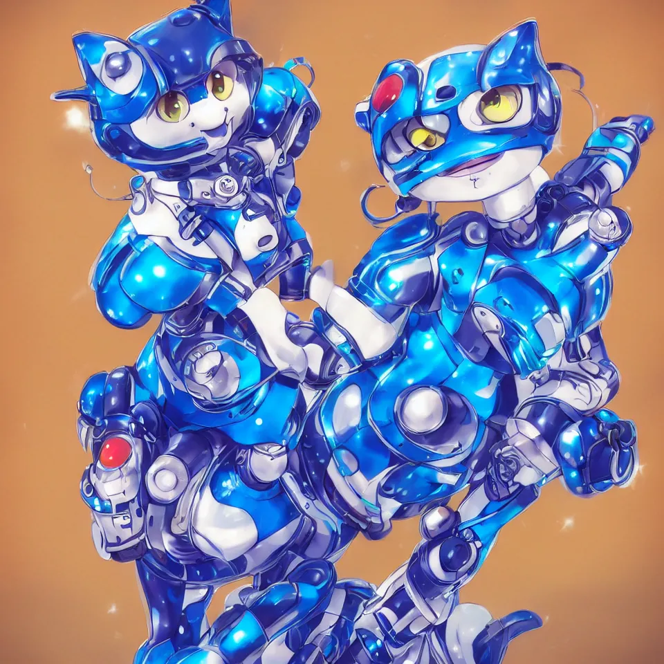 Prompt: cute anime robot cat in a blue dress, realistic, realistic, bright colors, realistic, bright colors, octogony render, realistic, realistic, bright colors, realistic, bright colors, octogony render, bright colors