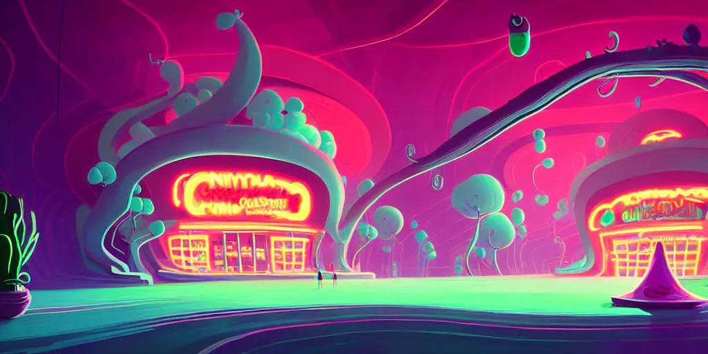 Image similar to minimalistic extreme wide angle curved perspective digital art of sss chubby cotton candy indoor casino with curly plants by anton fadeev from nightmare before christmas