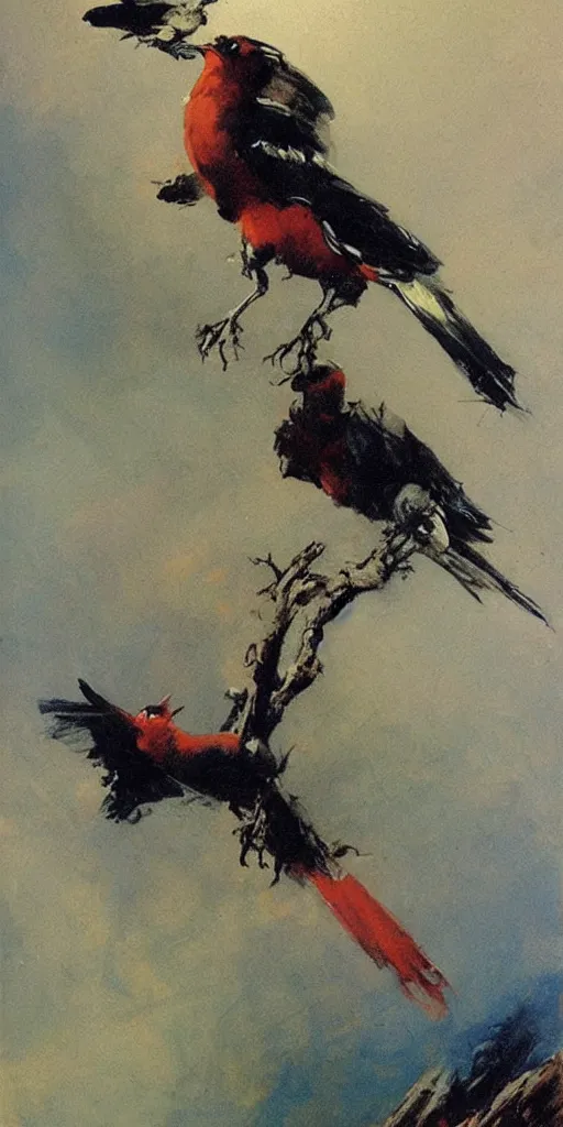 Prompt: painting, frank frazetta, birds