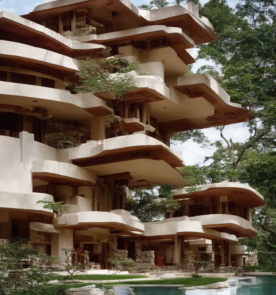 Image similar to a flowing villa with architectural design ， by frank lloyd wright ， trending ，