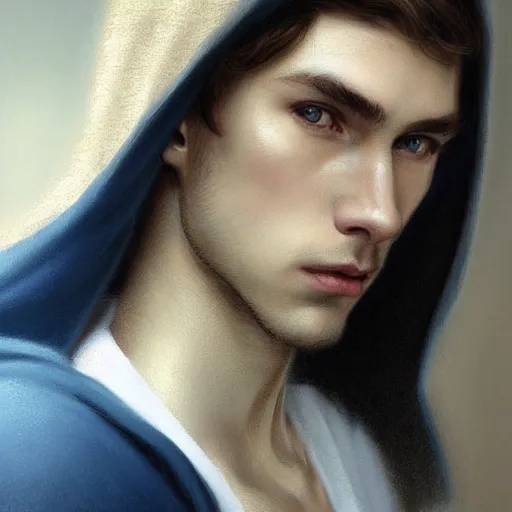 Image similar to ultra realistic illustration, a young man in a white hood, with brown hair, with blue eyes, intricate, elegant, highly detailed, digital painting, artstation, concept art, smooth, sharp focus, illustration, art by artgerm and greg rutkowski and alphonse mucha