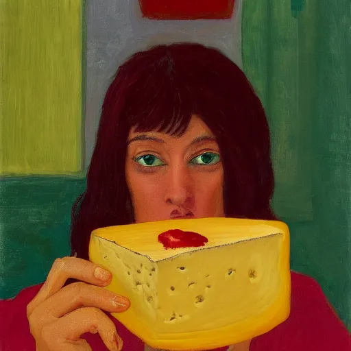 Prompt: a beautiful woman eating cheese, very detailed, 4 k, by peter doig