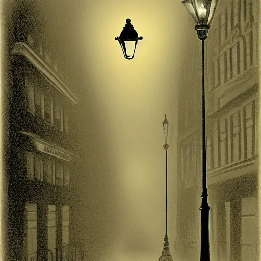 Image similar to The foggy old streets of London lit only by lampposts, 1888, foggy, night, digital art