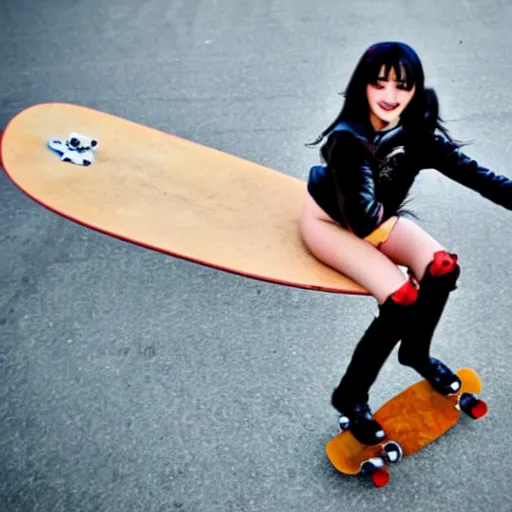 Image similar to Meru The Succubus riding a skateboard