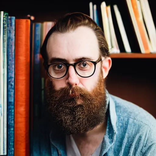 Prompt: medium shot portrait of a learned scholar, a long slightly unkept beard, a bookshelf in the background with neatly stacked books, set in the 1 9 5 0 s, bokeh, light from top right