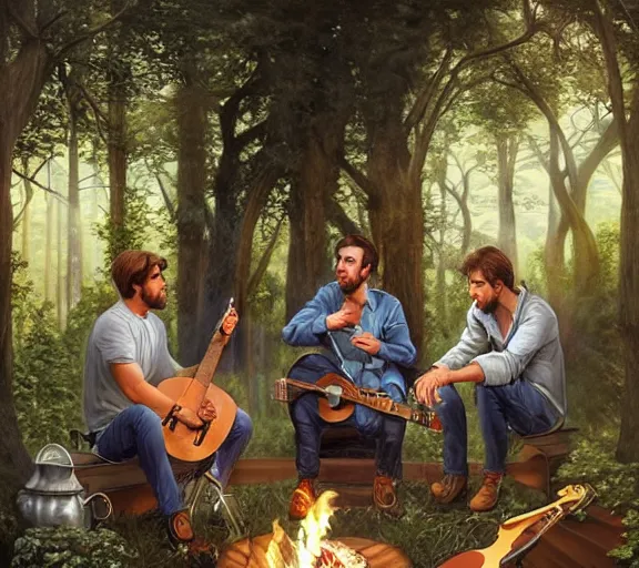 Image similar to three guys talking in the backyard with a barbecue and a bonfire, one guy playing guitar, evening, fantasy, intricate, elegant, highly detailed, digital painting, artstation, concept art, smooth, sharp focus, illustration, art by artgerm and H R Giger and alphonse mucha