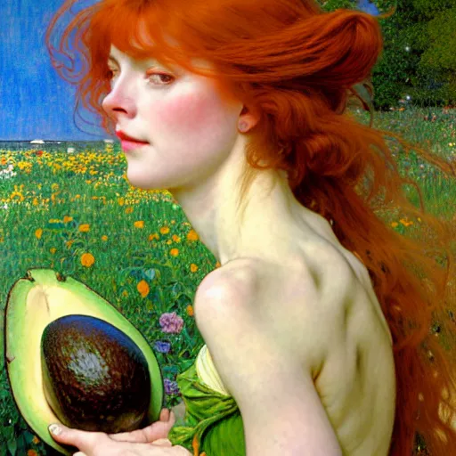 Image similar to A playful young woman with red long hair and bangs in shorts and a white blouse eating an avocado drawn by Zeronis and Donato giancola and Robert McGinnis and alphonse mucha, background by James Jean and gustav klimt, 4k, sunny day, volumetric lighting, french nouveau, trending on artstation, octane render, hyperrealistic