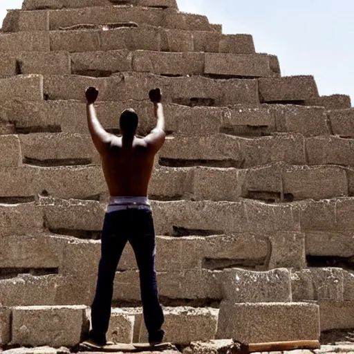 Image similar to a gigantic man building a pyramid with his hands