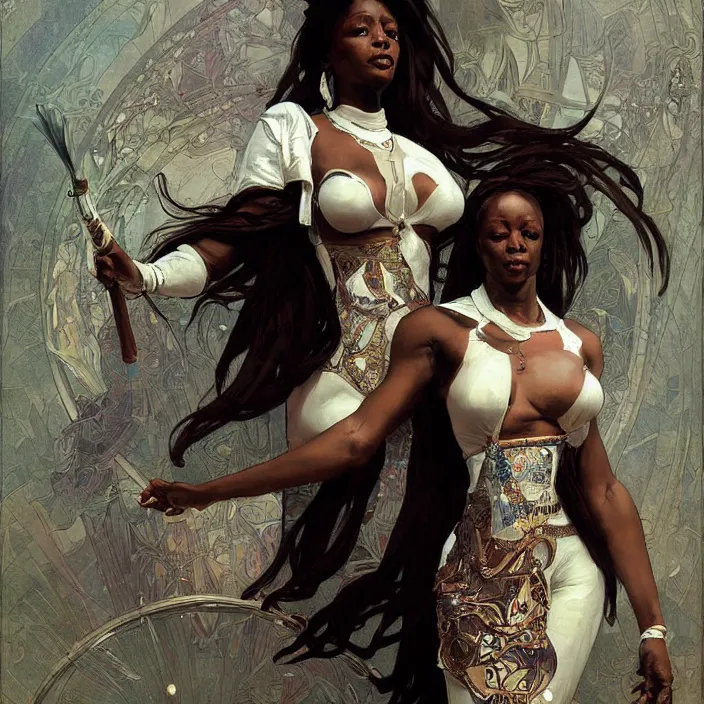 Prompt: african domme mistress, full body, dominatrix, tribal, smooth white surroundings, ornate, very beautiful, concept art, realistic painting, digital art by greg rutkowski, by alphonse mucha