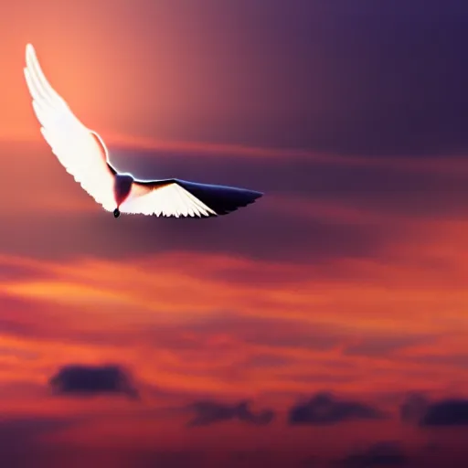 Prompt: Realistic shot of a glowing dove flying over the clouds at sunset, ethereal, vintage photograph, film grain, surreal, awe-inspiring, highly detailed