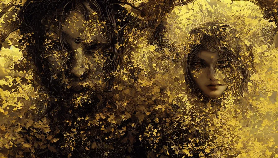 Image similar to golden leaves at frame border, creative!!! composition for a book cover!!!, absurdly beautiful, ultrafine hyperrealistic detailed old!! witch face by wlop and max liebermann and albert bierstadt, intricate linework, sharp focus, smooth, octopath traveler, final fantasy, unreal engine, dramatic lighting, ethereal, 8 k