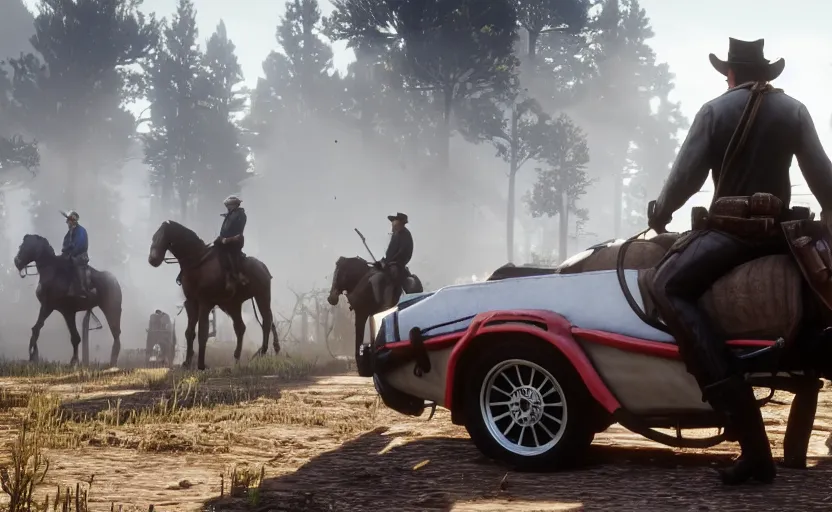 Image similar to red dead redemption 2 screencap, delorean from back to the future hidden in mine, 6 0 fps, ultra graphics, 4 k image, dusty, light beams