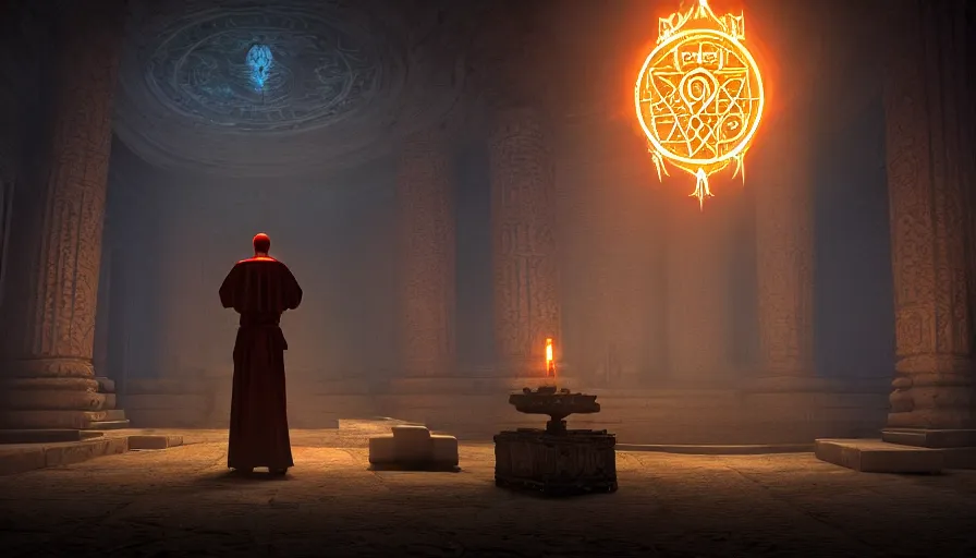 Prompt: ! dream an occult priest performs demonic ritual to summons monsters with magic and a glowing sigil in a fantastic temple, volumetric lighting, magical lighting, raytracing, dynamic lights and shadows, photorealistic render, digital art, wallpaper