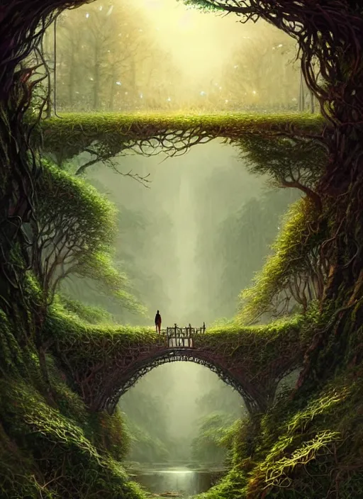 Prompt: book cover!!!!!!!!!!!!, old bridge, ivy leaves graphic vectors at each border, fantasy forest landscape, fantasy magic, light night, intricate, elegant, sharp focus, illustration, highly detailed, digital painting, concept art, matte, art by wlop and artgerm and greg rutkowski, masterpiece
