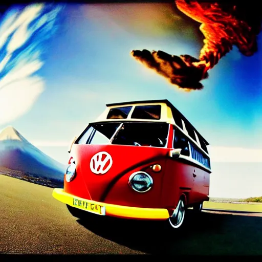 Image similar to a caricature drawing of a vw volkswagen bus, camper, bulli, type - 2, microbus, kombi, flying towards the camera, jumping at the viewer, dynamic action shot, fish - eye lense, frontal, a vulcano is erupting in the background