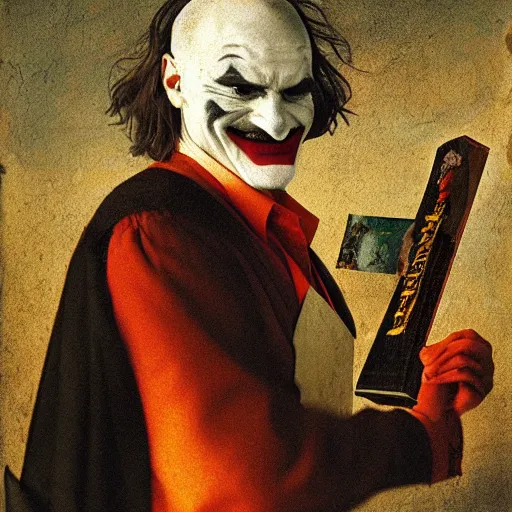 Image similar to portrait of the joaquin phoenix as joker, laughing, drama, chaos matte painting by hieronymus bosch and zidislaw beksinsky