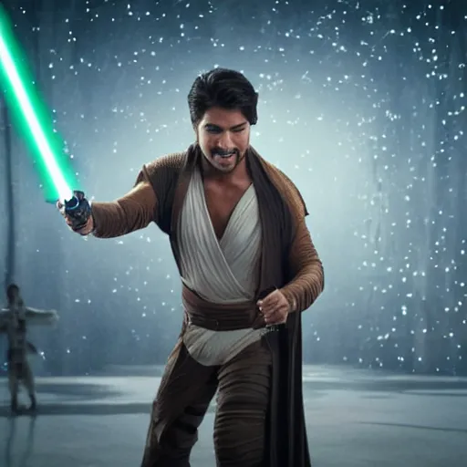 Image similar to Chayanne the singer as a jedi in star wars, holding a lightsabre. splash art, cinematic lighting, dramatic, octane render, long lens, shallow depth of field, bokeh, anamorphic lens flare, 8k, hyper detailed, 35mm film grain