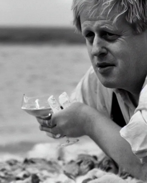 Prompt: film still close - up shot of boris johnson on the beach and drinking a beer with chocolate biscuits from the movie monty python's the meaning of life. photographic, photography