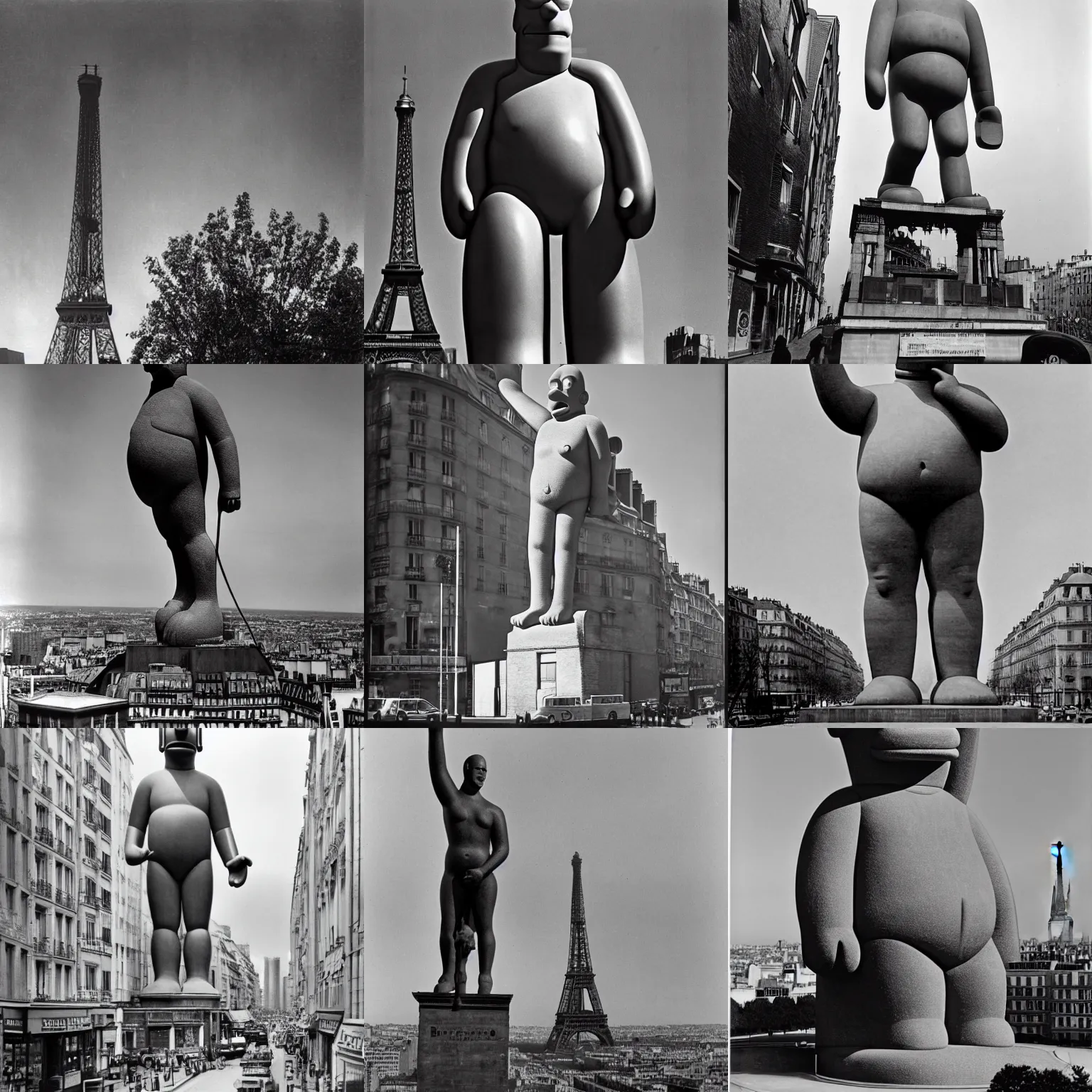 Prompt: berenice abbott photograph of a colossal statue of homer simpson towering over paris