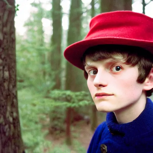 Image similar to super close up portrait of wirt from over the garden wall. a 1 6 years old gloomy awkward boy with big brown eyes and shaggy brown hair wearing a red dunce hat and a blue navy cape, standing in the forest, kodachrome photograph, 1 9 9 5, 4 k, canon, flash photography, norman rockwell, bouguereau