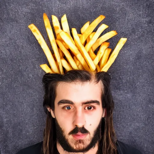 Image similar to a man with french fries as hair, 8 k, 4 k, professional photography, award winning photo