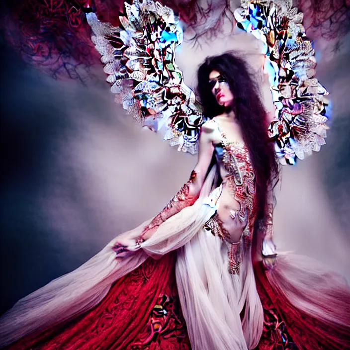 Image similar to photo portrait of a beautiful woman like a dark fallen angel, dressed in long elegant intricate ornamental white dress,intricate fractal ornament in the upper body, intricate baroque ornament in her red long hair, fine art photography by Giovanni Gastel, volumetric lighting, pastel colors scheme , hyper realistic photography in style of Vogue Fashion magazine