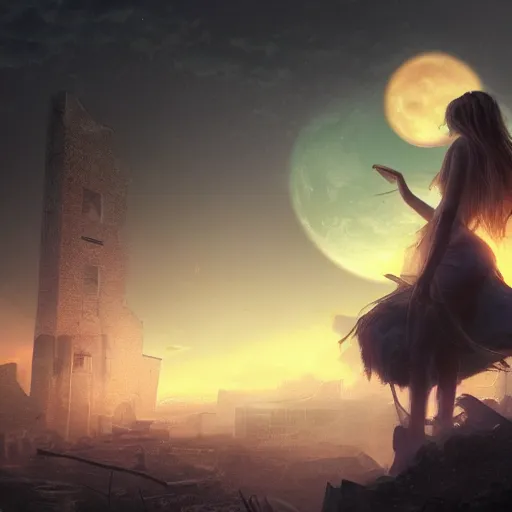 Image similar to A beautiful picture of a suicidal girl against the background of ruins of a destroyed city and a yellow -red moon, artstation, extremely detailed, stunning volumetric lighting, atmosphere, hyper realism, fantasy 4k
