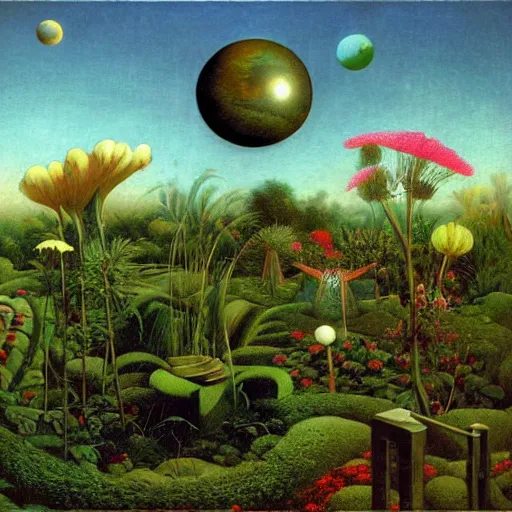 Image similar to a garden in orbit around saturn, 8 k, lowbrow, in the style of martin johnson heade, roger dean and h. r. giger,