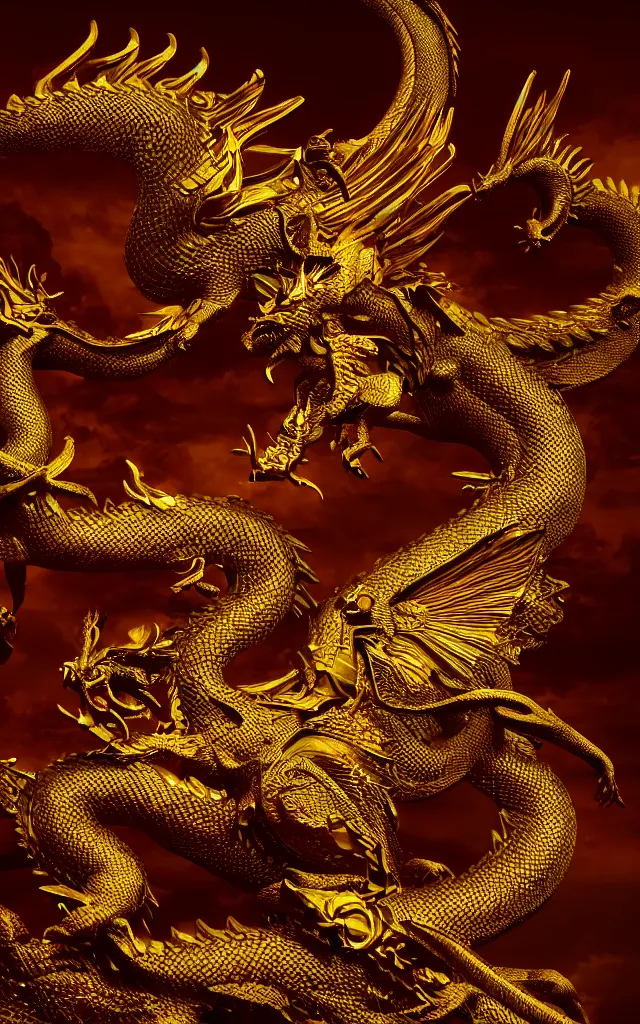 Image similar to depicting a golden dragon. hyper - real, ultra realistic, dark atmosphere, cinematic, 8 k, octane render