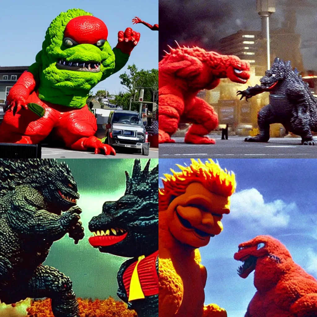 Prompt: godzilla fighting ronald mcdonald