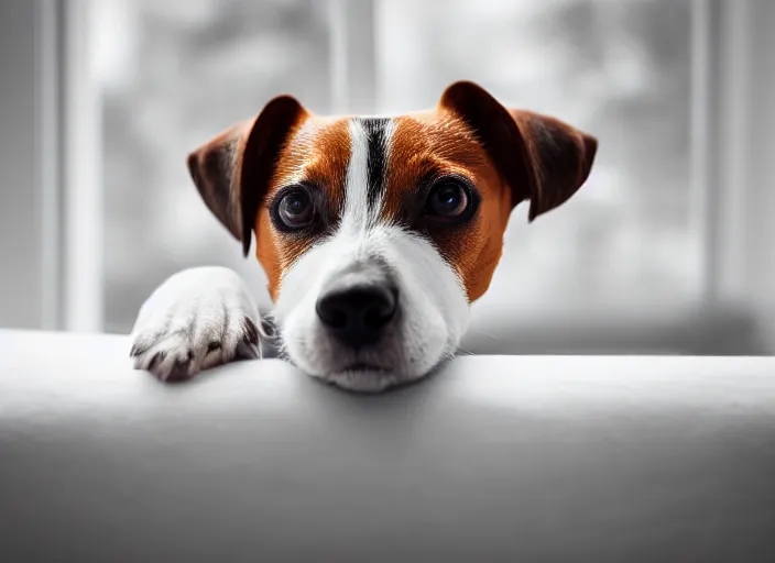 Image similar to photography of a Jack Russel . watching outside the window. on a bed. in a white room.,volumetric light, photorealistic,, award winning photo, 100mm, sharp, cloth, high res