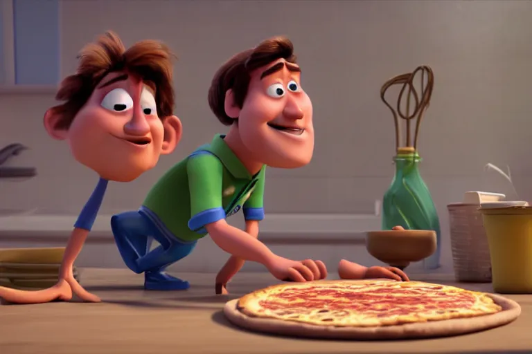 Prompt: still from a Pixar movie of Joe Keery making a pizza, high quality 3d render, movie, Pixar, Renderman, 4k, artstation