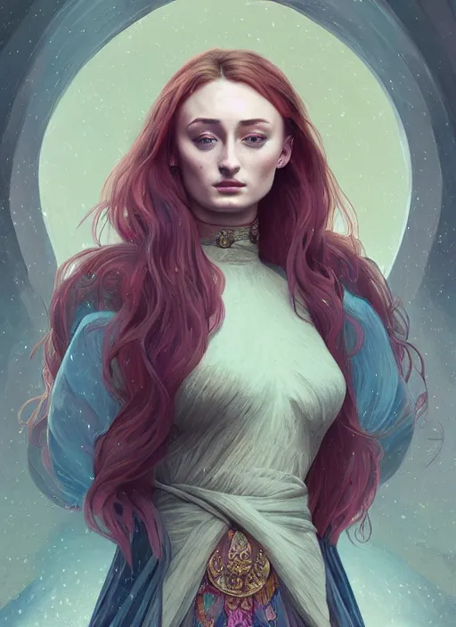 Image similar to sophie turner empress detailed clothing, half body shot, arms down, path traced, highly detailed, high quality, digital painting, alena aenami, lilia alvarado, shinji aramaki, karol bak, alphonse mucha, tom bagshaw