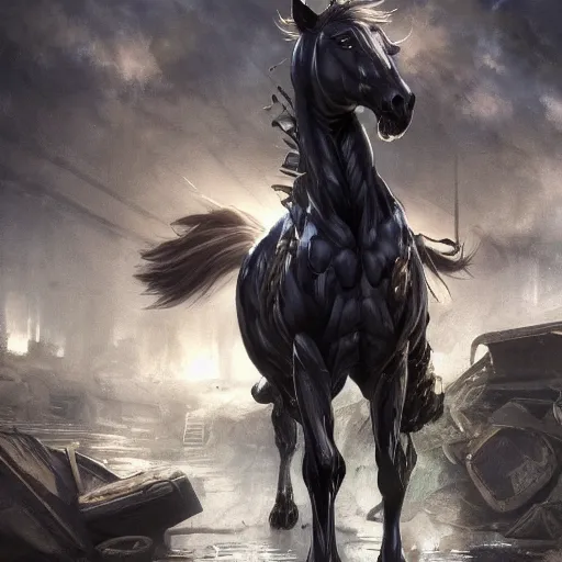 Image similar to splash art of a muscular black - coated anthropomorphic horse character wearing tactical kevlar fabric standing in rubble, long white mane visible, exaggerated muscles, highly detailed, furry, furaffinity, digital painting, artstation, sharp focus, illustration, art by artgerm, greg rutkowski, alphonse mucha