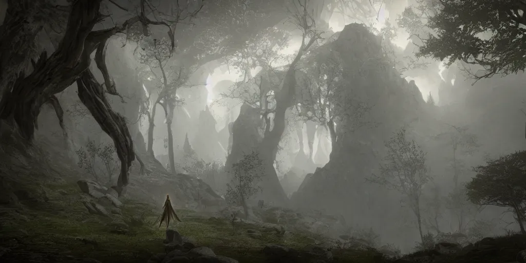 Prompt: cinematic, concept art, hyper realistic, symbolism, an elven temple in the mountains, detailed trees and cliffs, misty, foggy, depth of field, 8k, 35mm film grain, unreal engine 5 render