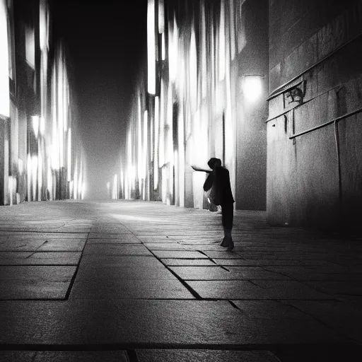 Image similar to an abstract photograph of a lonely male shadowy figure, there is a dark street with lanterns reflected on the ground, underwater, motion blur, 35 mm, black-and-white