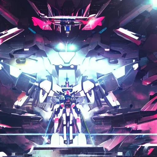 Image similar to A gundam is watching the idol concert,in the style of Yoji Shinkawa, 4k, high detail, aftermath, foggy environment, pink light