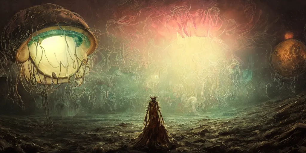 Image similar to concept art of giant translucent glowing jellyfishes, lovecraftian divers helmet, lots of teeth, melting horror, round moon, rich clouds, fighting the horrors of the unknown, mirrors, very detailed, volumetric light, mist, grim, fine art, decaying, textured oil over canvas, epic fantasy art, very colorful, ornate, anato finnstark